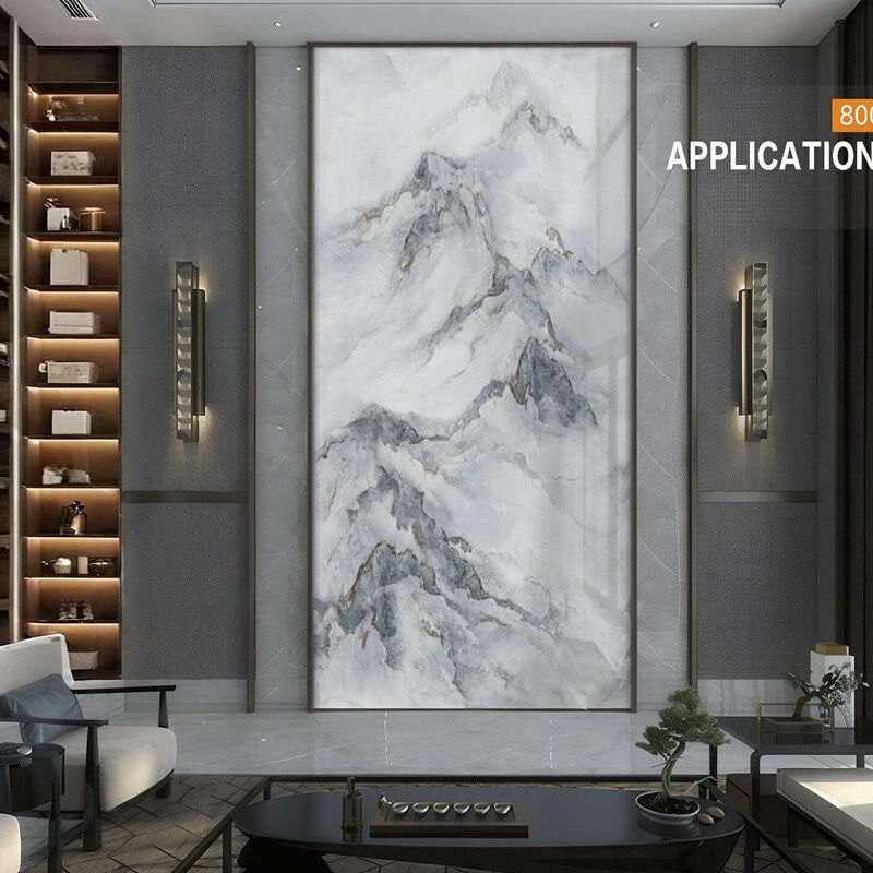 别墅挑空客厅复式楼岩板电视背景墙现代仿大理石瓷砖楼中楼新中式