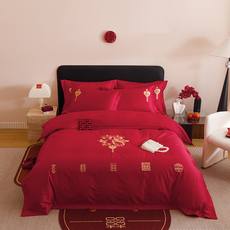 简约红色新婚四件套喜字刺绣被套结婚床单女方陪嫁娶婚房床上用品
