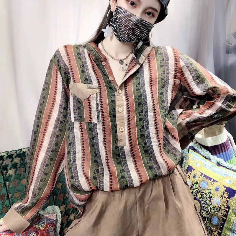2025新百搭长袖套头衫女士春秋民族风宽松条纹衬衣打底衫连帽