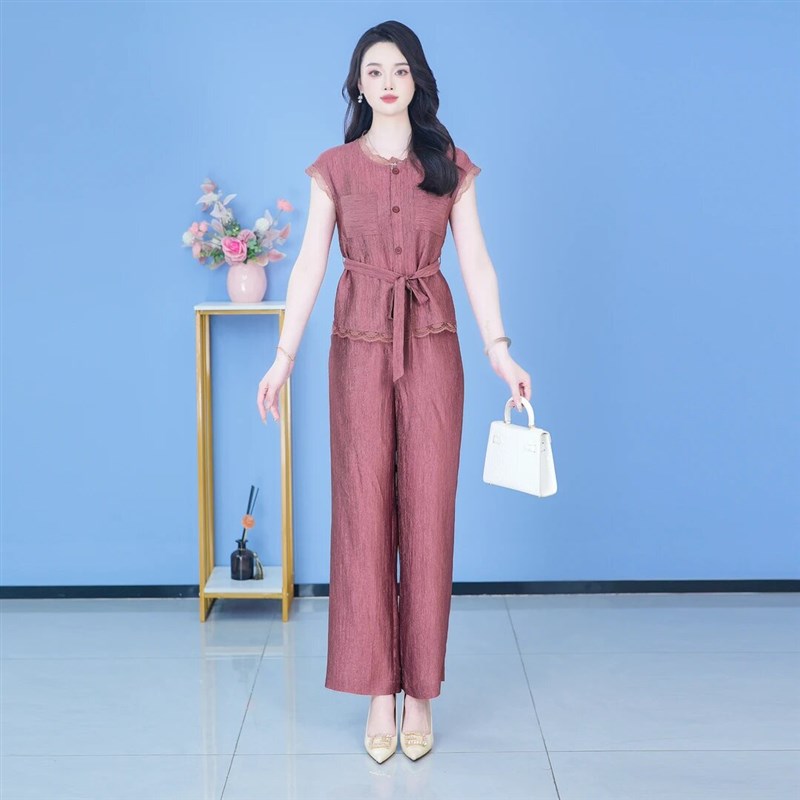 2025夏季新款时尚套装女洋气质显瘦蕾丝花边拼接衬衣直筒裤两件套
