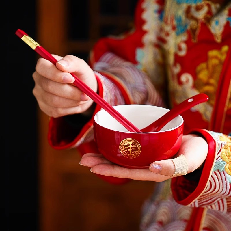 敬茶杯结婚套装一对装陶瓷喜碗喜筷喜字杯子婚礼改口仪式茶具