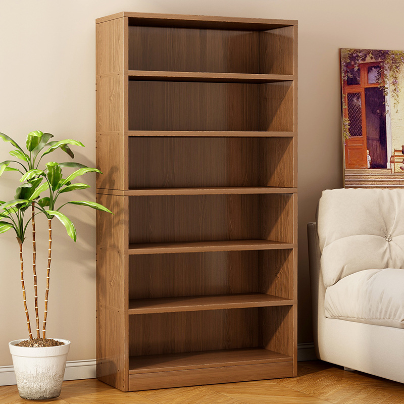 书架落地置物架简易客厅一体靠墙实木色储物柜子家用多层学生书柜