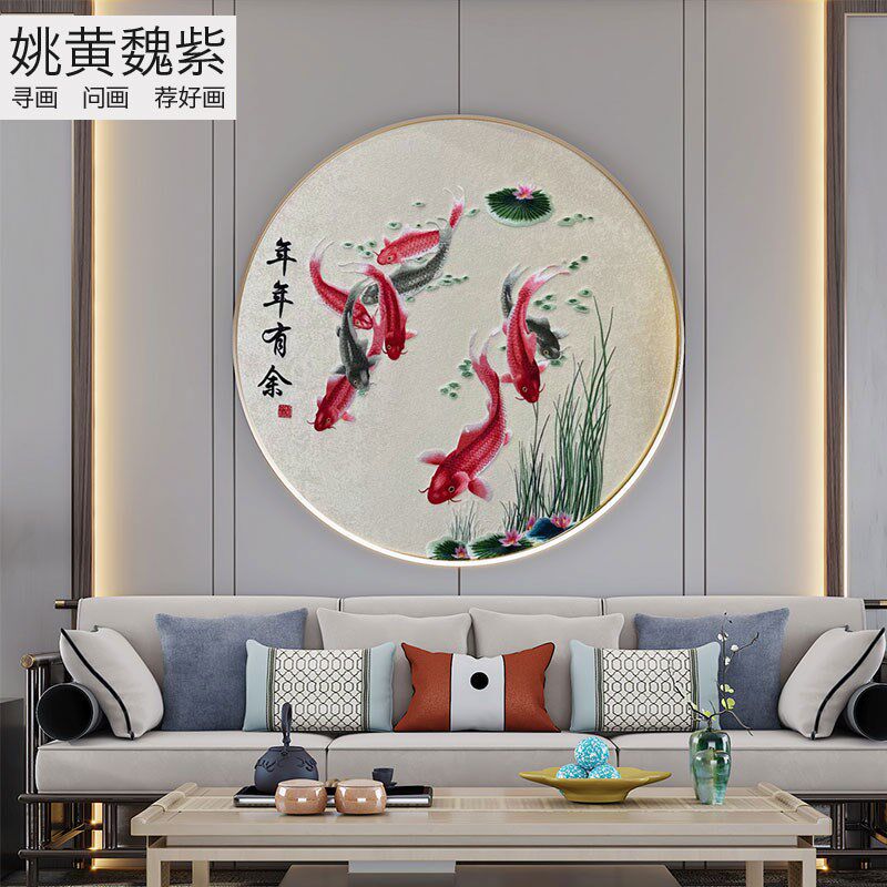 自建房竖式玄关刺绣背景墙布年年有余绣花壁布鱼楼梯平台立体独绣