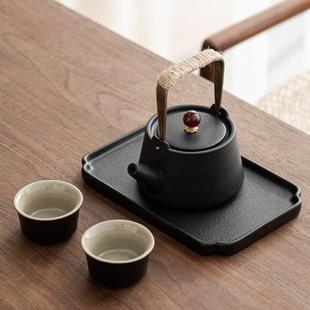 简约提梁壶干泡茶盘家用旅行禅意小套装 黑陶功夫茶具一壶二杯日式
