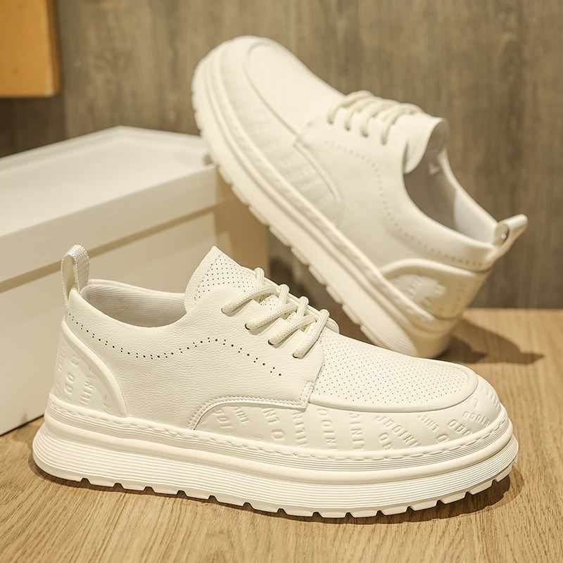 白色皮鞋男款2025新款夏季百搭厚底板鞋男士休闲透气小白鞋英伦风