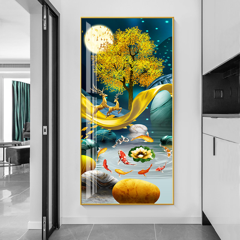 九鱼图玄关装饰画现代简约过道走廊挂画晶瓷镶钻入户客厅竖版画