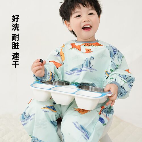 宝宝罩衣爬行服春秋防脏防水连体罩衣婴儿爬爬服儿童吃饭围衣全身