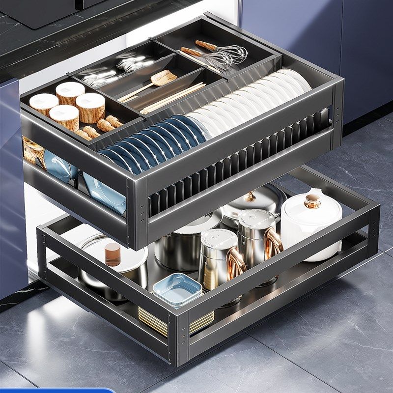 厨房橱柜拉篮抽屉式304不锈钢锅具收纳内置双层三层碗篮碗碟碗架,家装主材,拉篮,淘宝优惠券,粉丝福利购,淘宝优惠卷