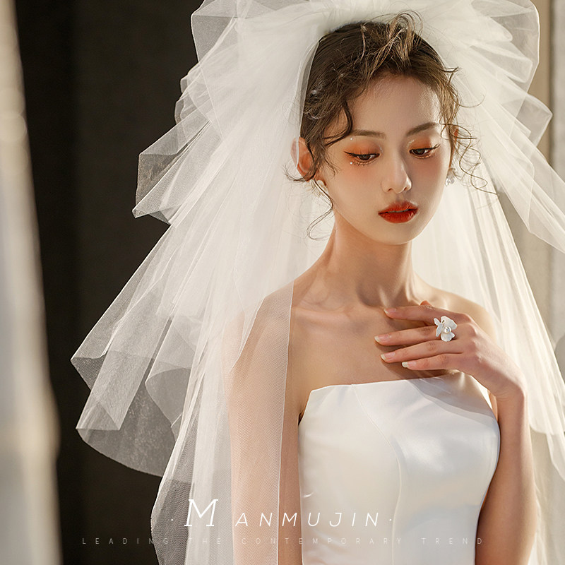新娘结婚旅拍照头纱影楼化妆师跟妆造型纱多层硬网抓泡蓬蓬纱