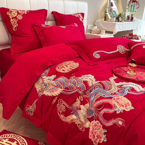 高档中式龙凤刺绣结婚四件套大红色床单被套纯棉喜被婚庆床上用品