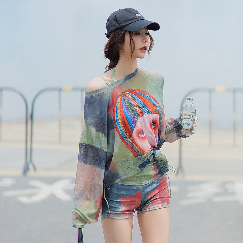 新款微胖泳衣女遮肉显瘦分体三件套罩衫外罩长袖洋气女孩潮酷温泉