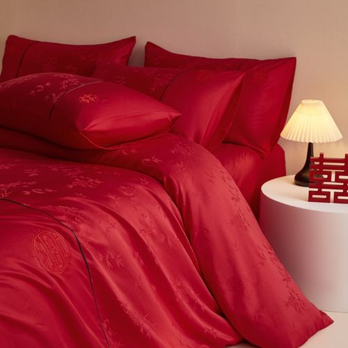高端婚庆水洗棉提花婚庆四件套红色纯棉床单被套新婚喜被床上用品