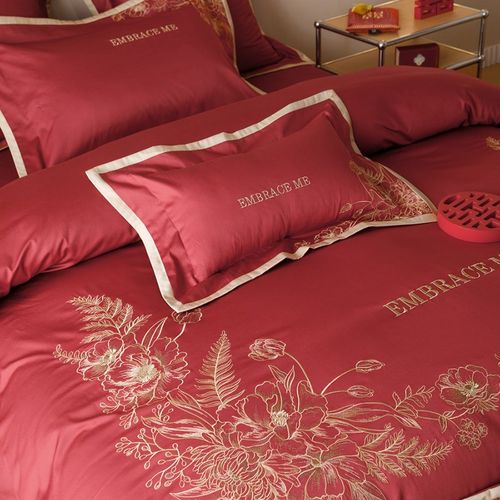 高端婚庆A类100全棉四件套大红色刺绣结婚纯棉新婚房陪嫁床上用品