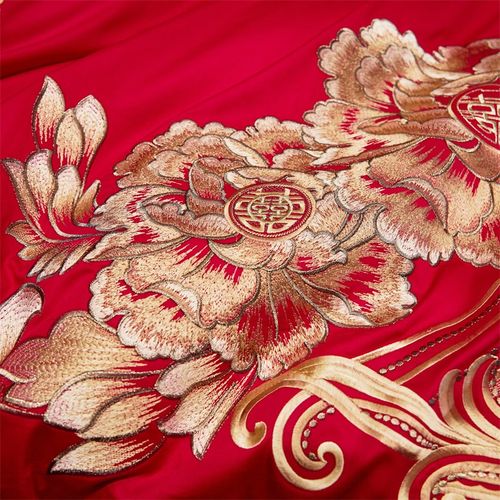 全棉纯棉婚庆结婚四件套中式刺绣婚房大红色喜庆六多件套床上用品