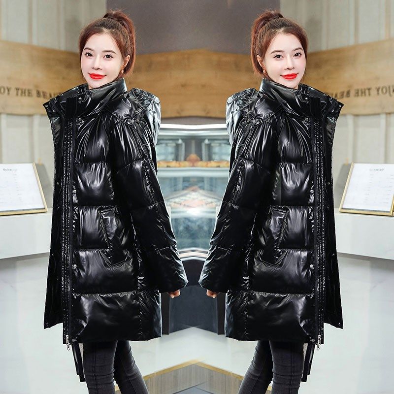 免洗亮面棉衣女士中长款面包服韩版宽松羽绒棉服冬季加厚保暖棉袄