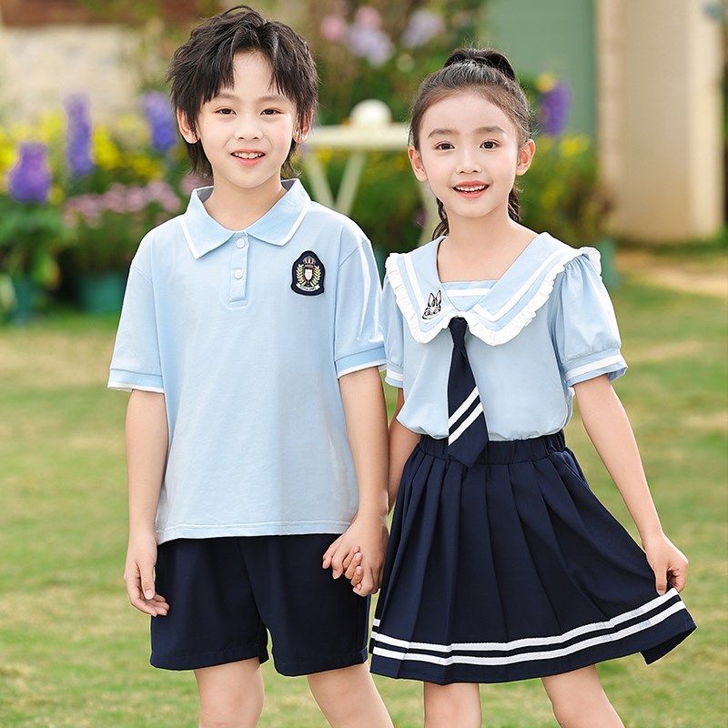 幼儿园园服夏装学院风蓝色儿童毕业照班服小学生校服套装夏季