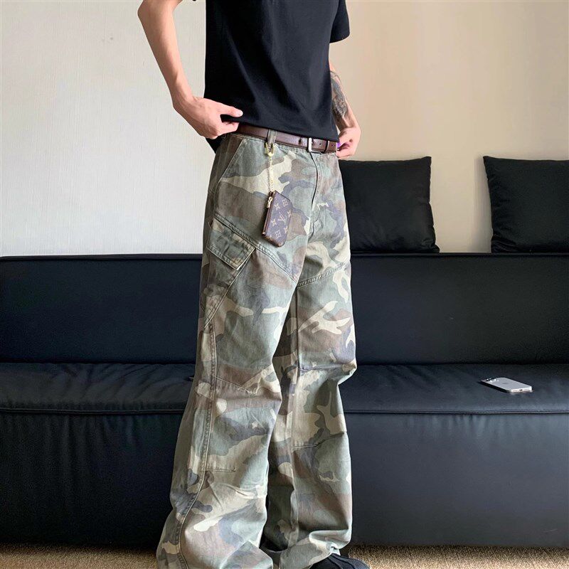 190高个子加长美式迷彩牛仔工装裤男宽松直筒高街夏季薄款阔腿裤
