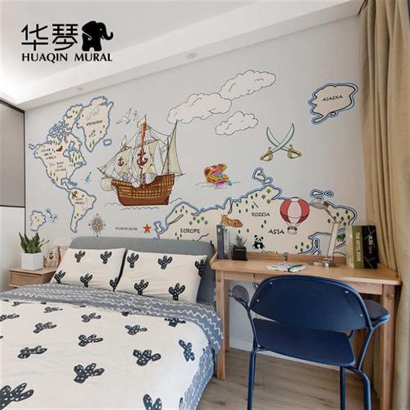 卡通航海家男孩儿童房背景墙壁纸环保墙布壁布壁画定制无纺布墙纸