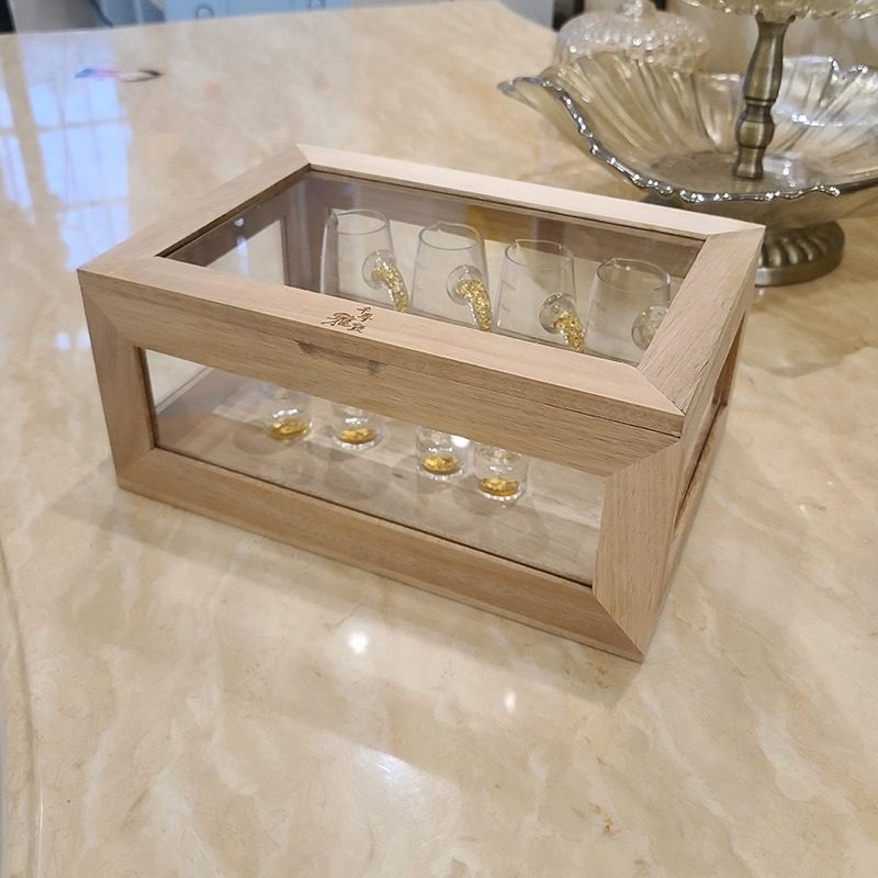 中式家用白酒杯展示酒柜分酒器套装胡桃木玻璃木盒收纳置物防尘