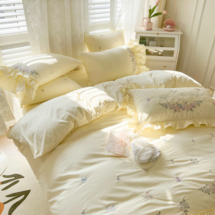 落日奶黄韩系花卉刺绣全棉水洗棉被套四件套少女公主风床品