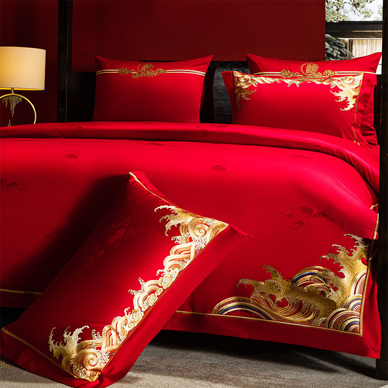 婚庆四件套结婚140支全棉长绒棉婚礼大红刺绣花婚嫁喜被床上用品