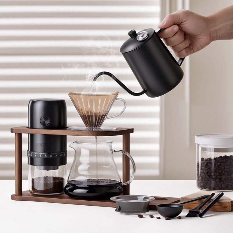 手冲咖啡壶套装电动磨豆机 手摇咖啡机手冲壶滤杯收U纳木支架9件