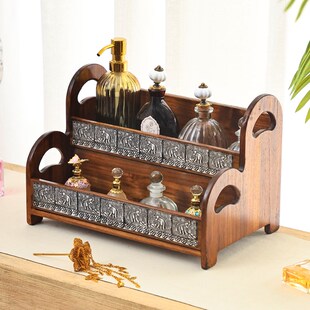 复古实木中式化妆品收纳盒浴室A卫生间台面木质架子洗手台置物架