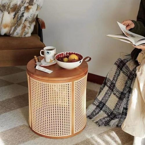 边几中古实木藤编储物沙发边桌法式客厅可移动茶几床头圆形小桌子