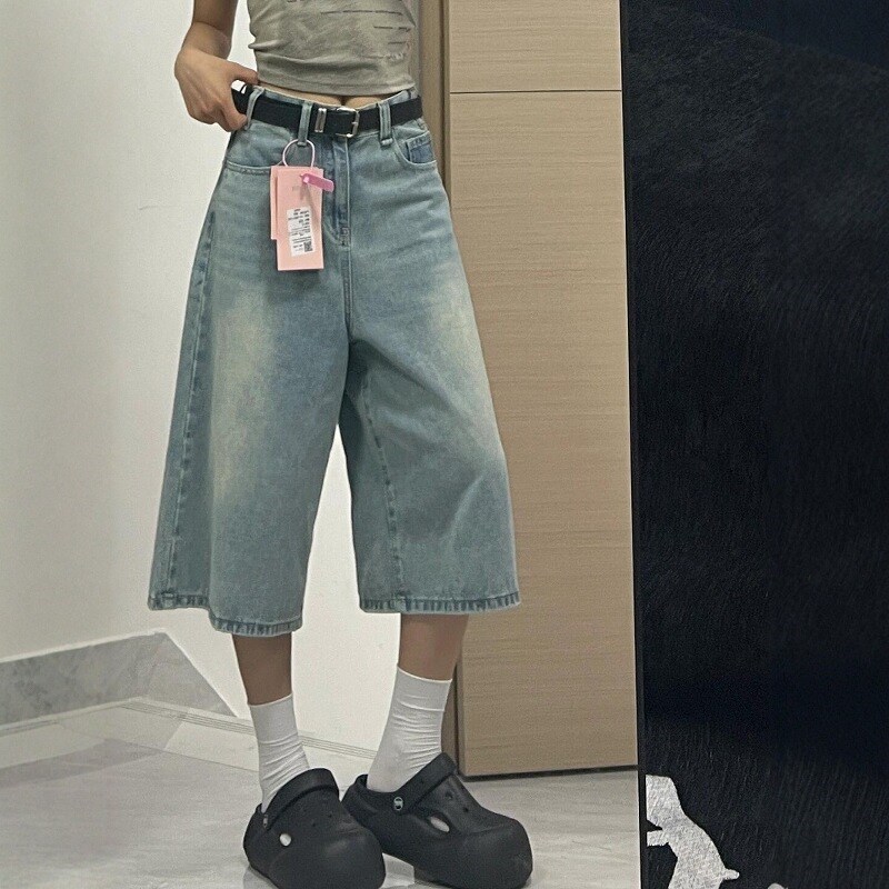 大码美式七分裤女夏薄款牛仔阔腿裤宽松慵懒风胖mm小X个子显瘦中