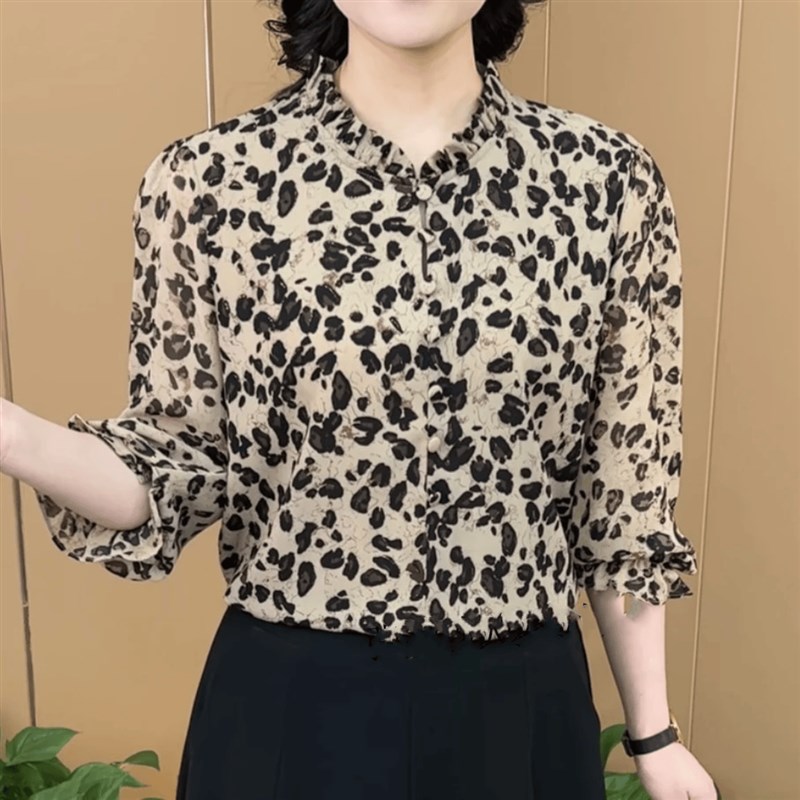 夏季新款时尚妈妈装豹纹衬衫洋气显瘦百搭中袖P衬衣女气质木耳边