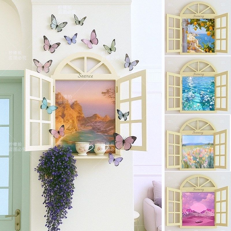 奶油风假窗户风景背景墙面装饰布海报店铺打卡点网红道具挂画相框,家居饰品,装饰摆件,淘宝优惠券,粉丝福利购,淘宝优惠卷
