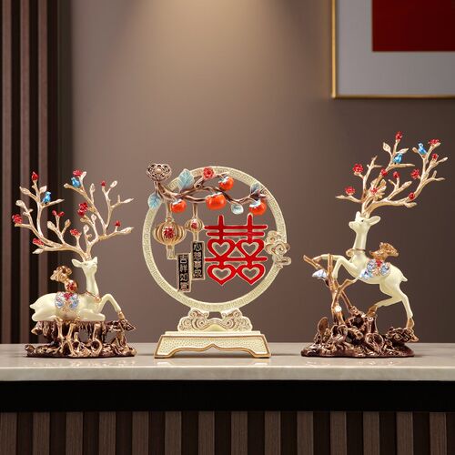 客厅玄关电视酒柜新人姐s妹闺蜜结婚房布置装饰礼物招财鹿喜字摆