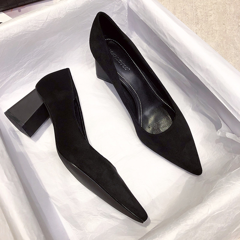 粗跟高跟鞋女不累脚2021年新款春夏尖头黑色职业工作单鞋Z绒面5cm