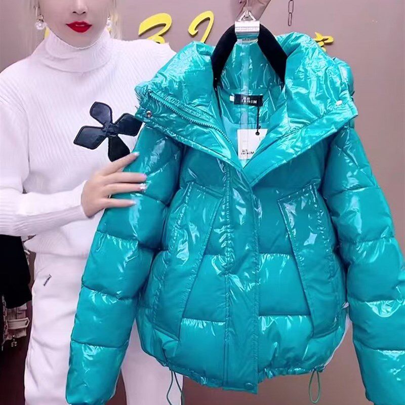 网红爆款亮面连帽羽绒棉q服女潮流冬季小中款时尚棉袄加厚保暖棉