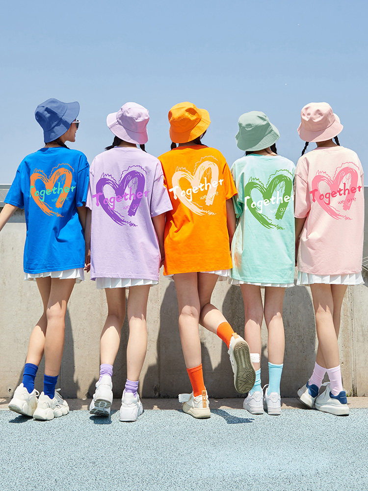 糖果色闺蜜装T恤定制mlogo爱心ins风2025多人姐妹韩版团体服文化