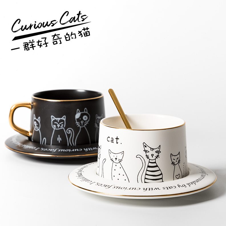直销北欧简约陶瓷黑白猫咖啡杯碟套装花茶红茶拉花杯ins风创意