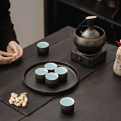 直销??仿古中国风陶瓷温酒器酒具套装白酒黄酒加热大容量家用烫酒