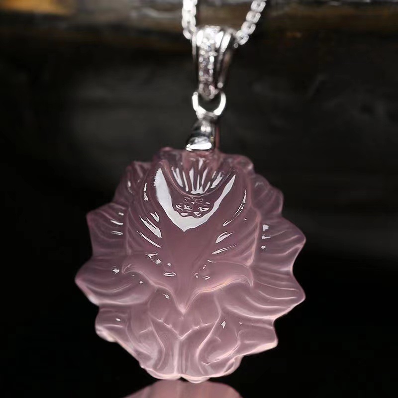 天然莫桑比克粉晶九尾狐吊坠粉水晶项链水晶雕刻粉狐狸旺桃花脱单