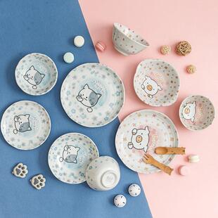 釉下彩陶瓷饭碗 1026日本进口美浓卡通猫咪小猪餐具 儿童双耳碗