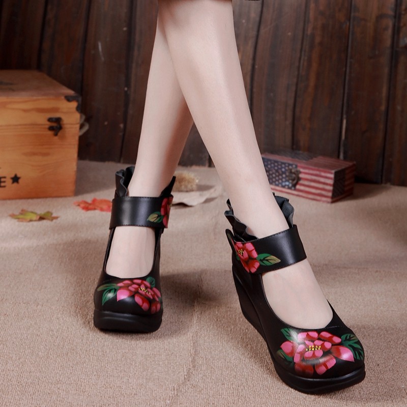 春秋季新款民族风女鞋坡跟单鞋女厚底圆头防滑纯皮女试胖脚妈妈鞋,女鞋,浅口单鞋,淘宝优惠券,粉丝福利购,淘宝优惠卷