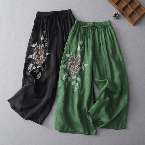 夏季薄款苎麻女裤2024新款宽松直筒H九分裤显瘦文艺重工刺绣阔腿