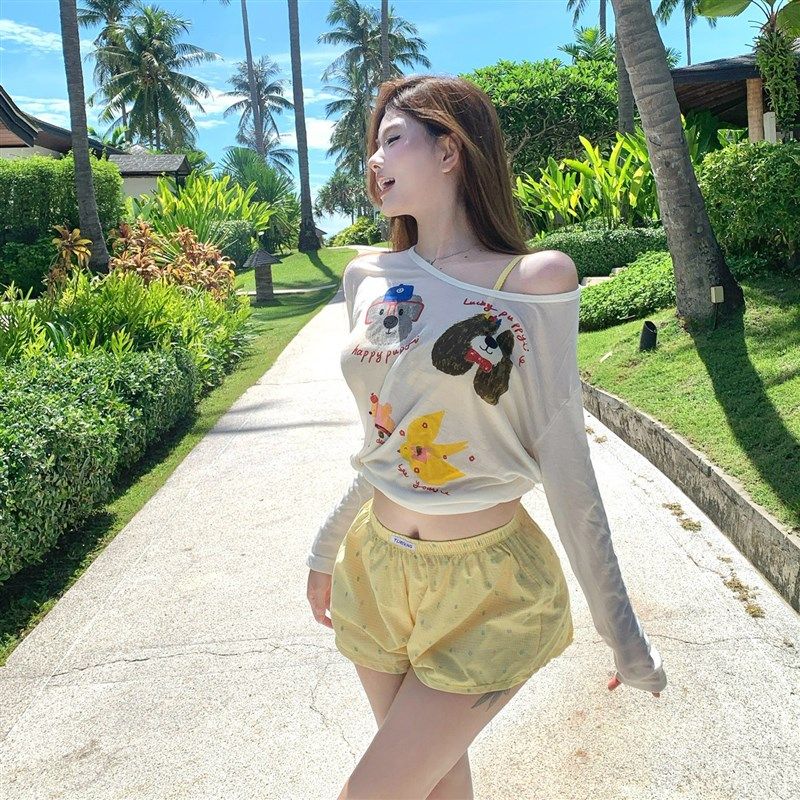 新款小众可爱卡通少女宽松长袖罩衫比基尼K平角四件套度假温泉泳