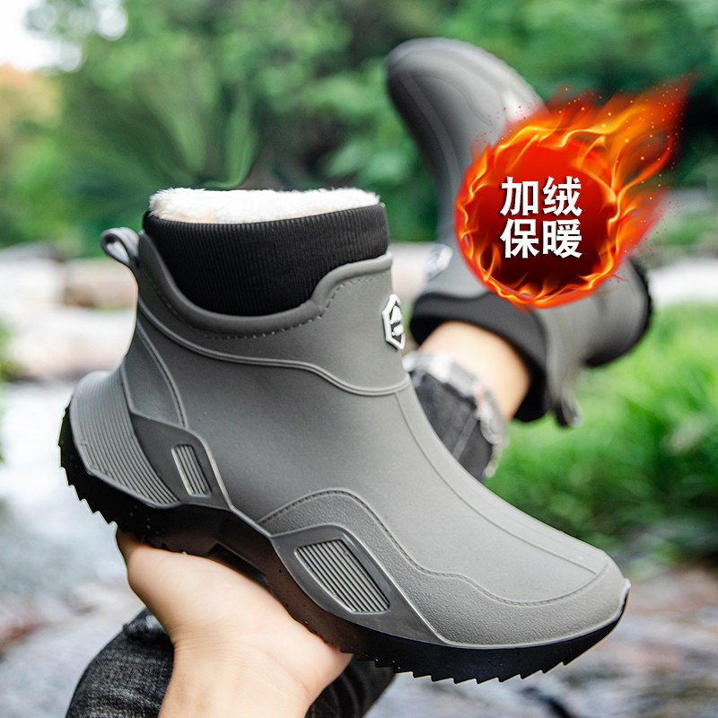 男女款时尚低帮加绒雨鞋冬季保暖C固定绒雨靴外穿钓鱼厨房防滑防