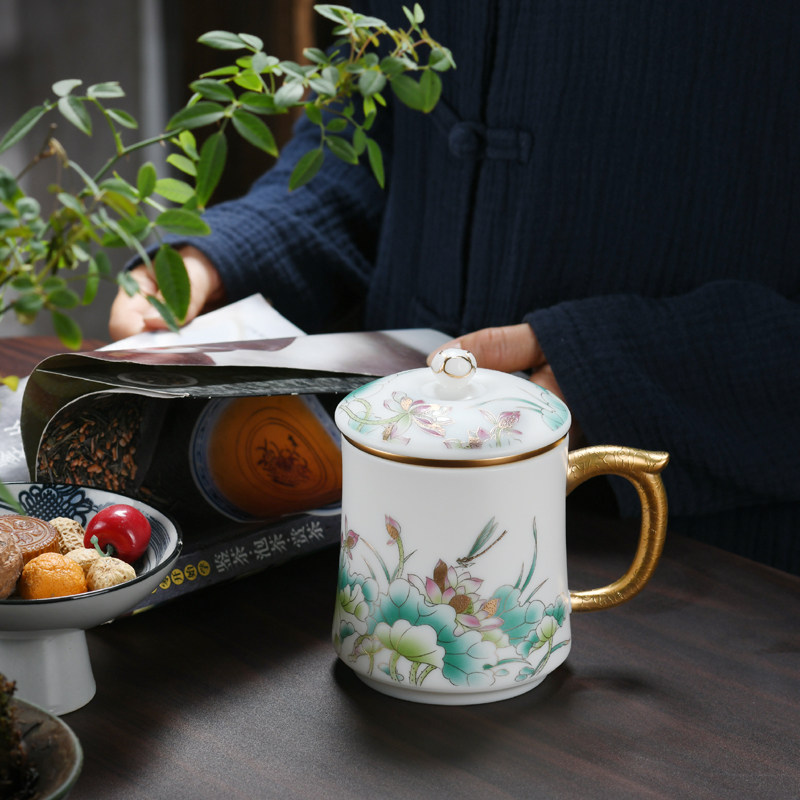 白瓷水杯过滤马克杯泡茶u大容量陶瓷杯素烧瓷茶隔办公杯带盖定制