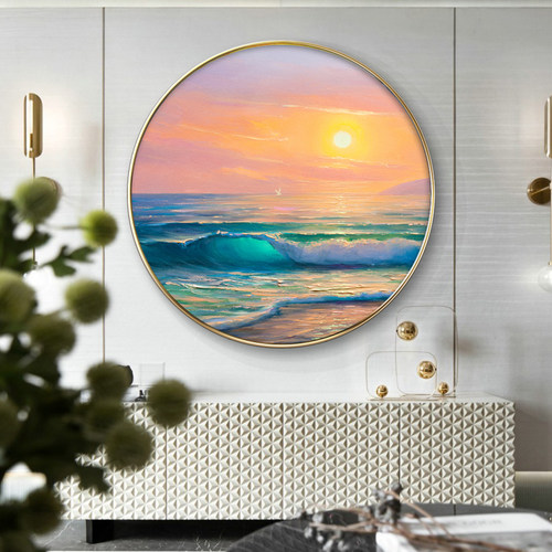 圆形装饰画现代玄关简约竖版日出海景走廊过道壁画墙画挂画晶瓷画