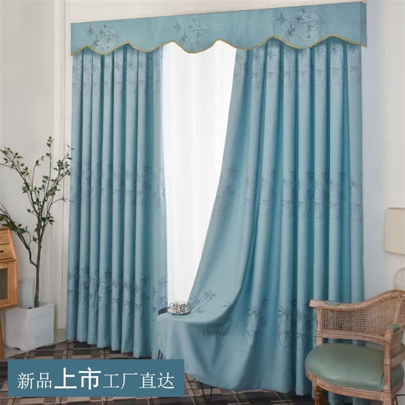 定制帘头遮光窗帘提花布蓝绿客厅阳台F卧室店铺隔噪音防晒遮阳窗