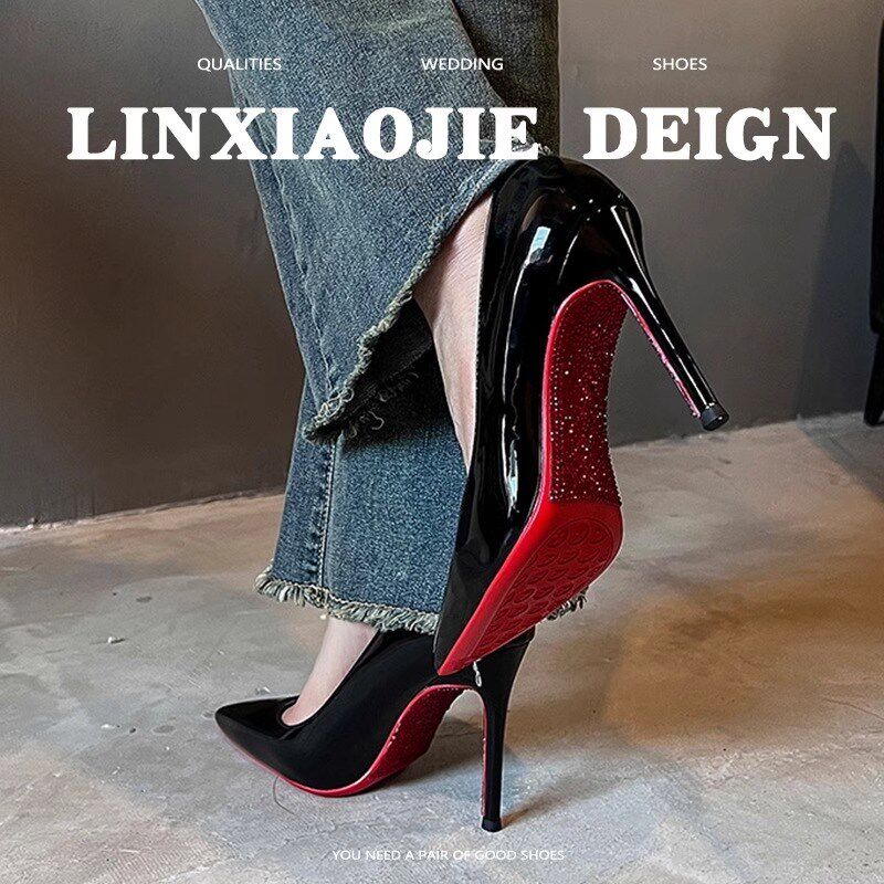 红底高跟鞋带钻春秋2025新款尖头约会绝美单鞋小个子黑色细跟女鞋