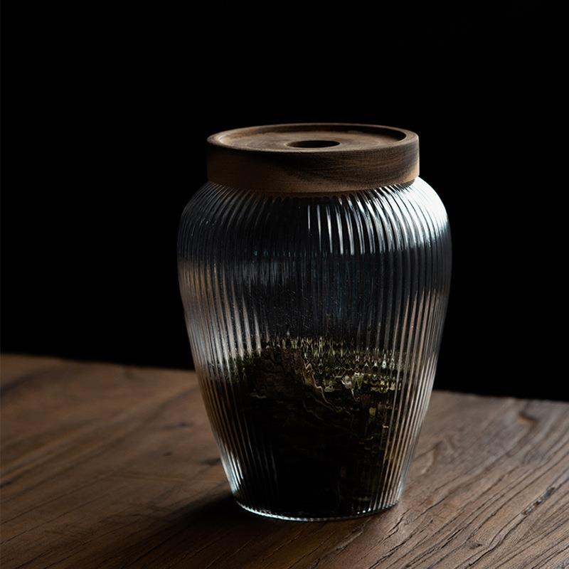 日式条纹玻璃茶叶罐 透明防潮双层盖子密封罐大号茶叶储物罐
