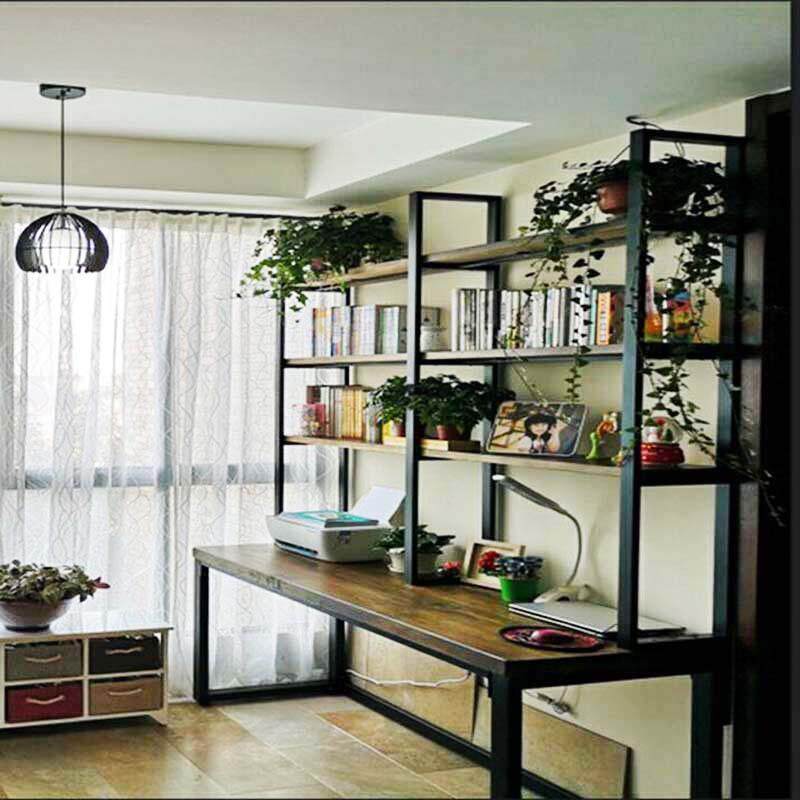 铁艺loft实木一体书架书桌组合家用免钉墙书房靠墙双人办公电脑桌