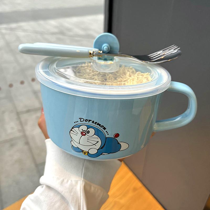日式带手柄面碗哆啦A梦泡面碗陶瓷带盖学生宿舍用方便面杯碗汤碗